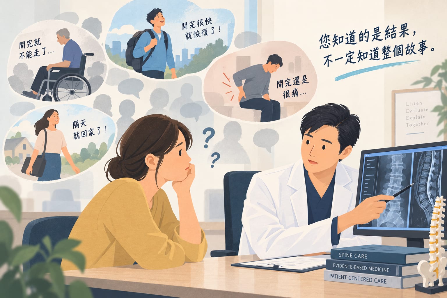 Minh họa: bệnh nhân và bác sĩ ngồi đối diện nhau nhìn vào hình ảnh cột sống, xung quanh bệnh nhân xuất hiện các bong bóng suy nghĩ về kết quả khác nhau của những người từng mổ cột sống — người ngồi xe lăn, người hồi phục nhanh, người về nhà ngay trong ngày, người vẫn còn đau sau mổ — kèm dòng chữ 'Bạn biết kết quả, nhưng chưa chắc biết toàn bộ câu chuyện'